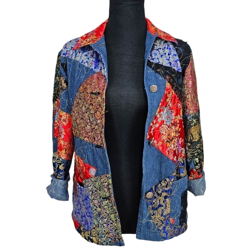 Chicos Patchwork Denim Jacket Womens Size Small Boho Jacquard Festival Vintage - Picture 3 of 16